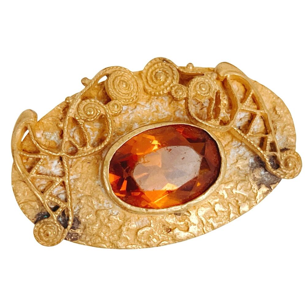 VTG 40s 50s Amber Glass Jewel Brooch Gold Tone Abstract Modernist C Clasp Pin